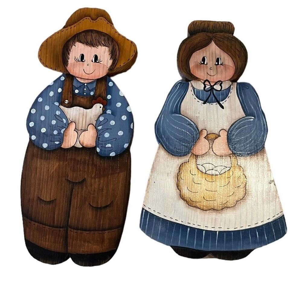 ViTG Joan Young berg Hand Panited Wooden Hanging Farmer & Wife Hen CottageCore